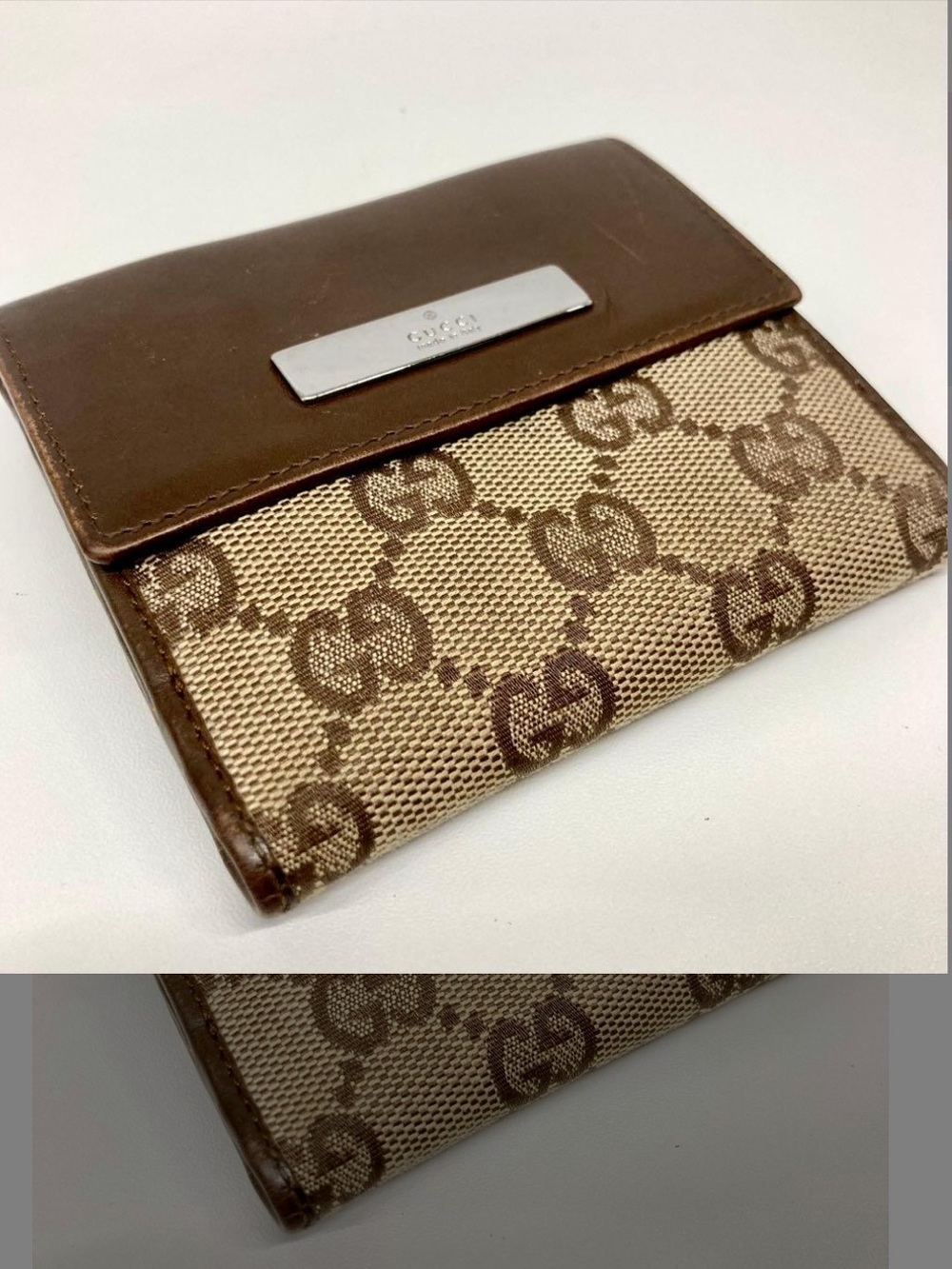 Gucci Brown Leather Trim Beige/Tan GG Canvas Fold Wallet